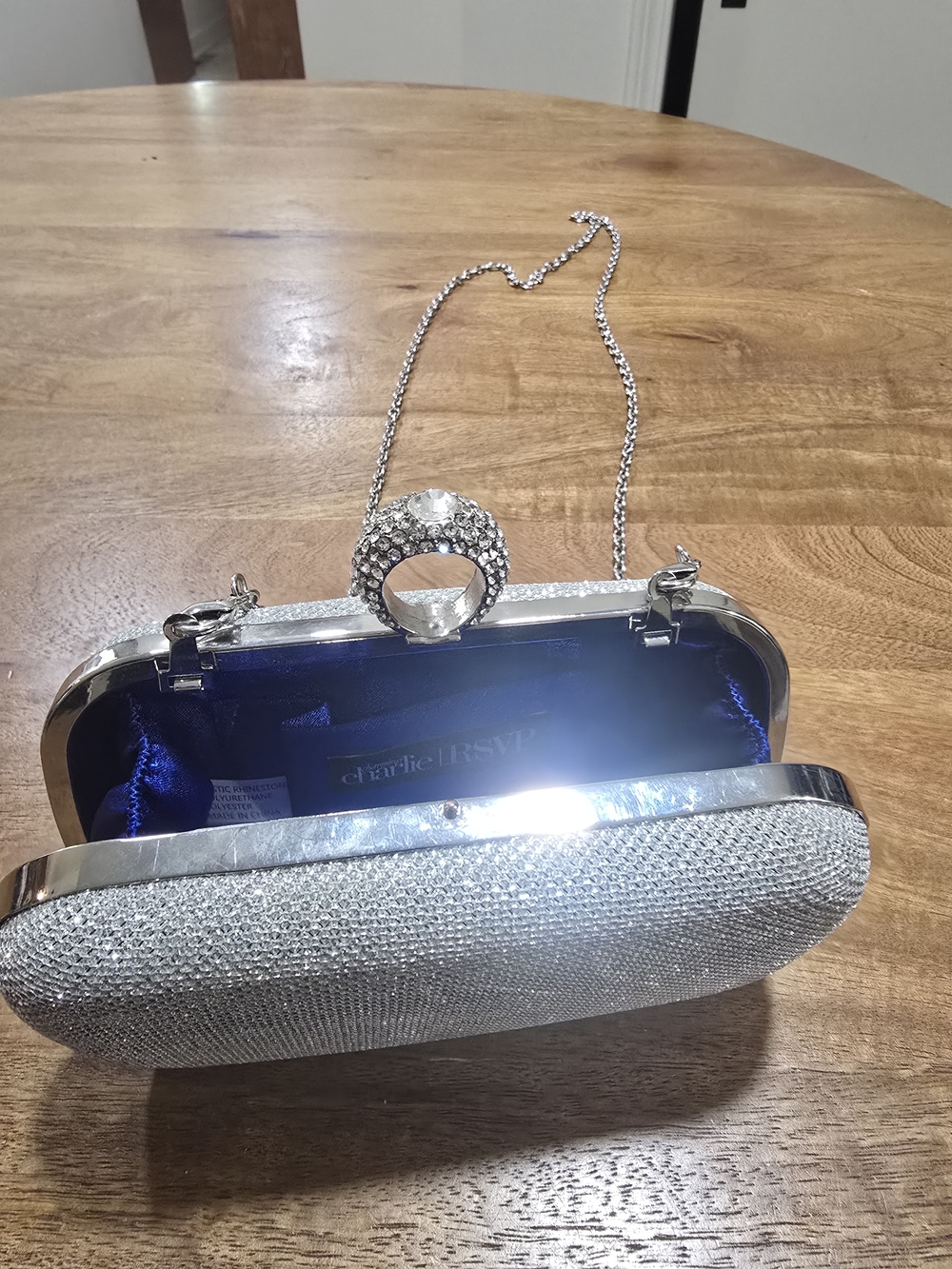 Silver Crystal Ring-Top Evening Clutch with Chain Strap